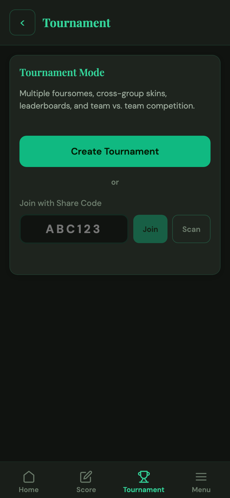 Tournament hub screen