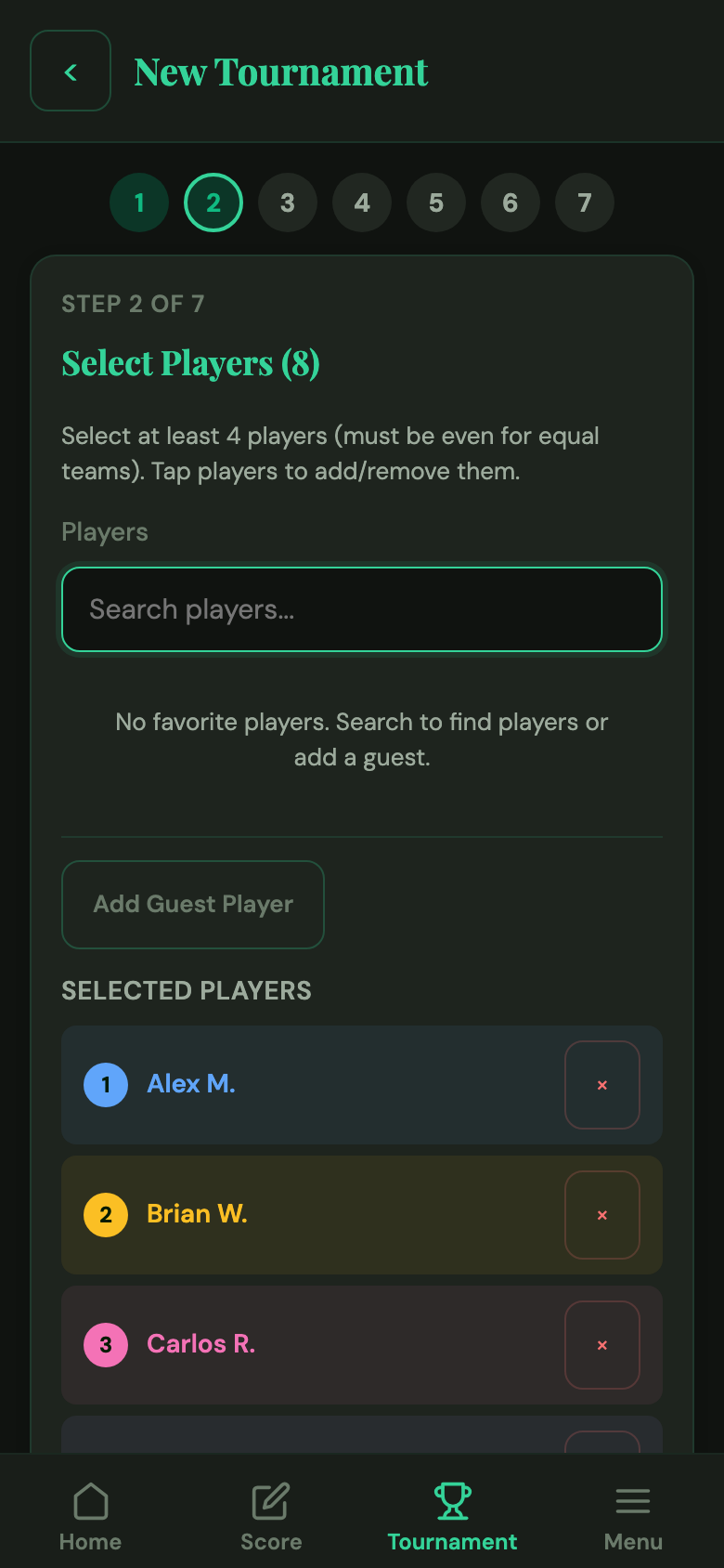 Add players screen