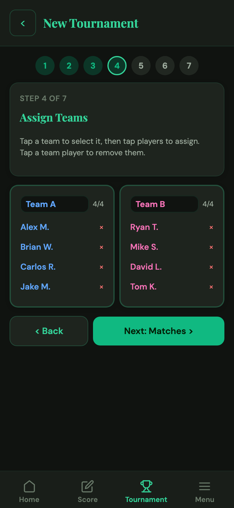 Team assignment screen