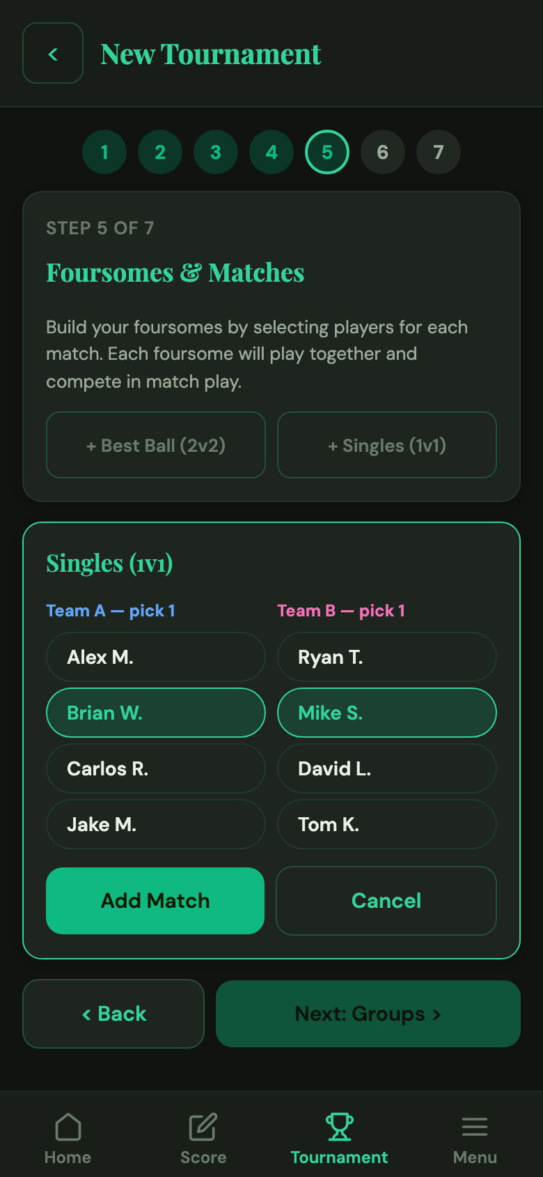 Match setup screen
