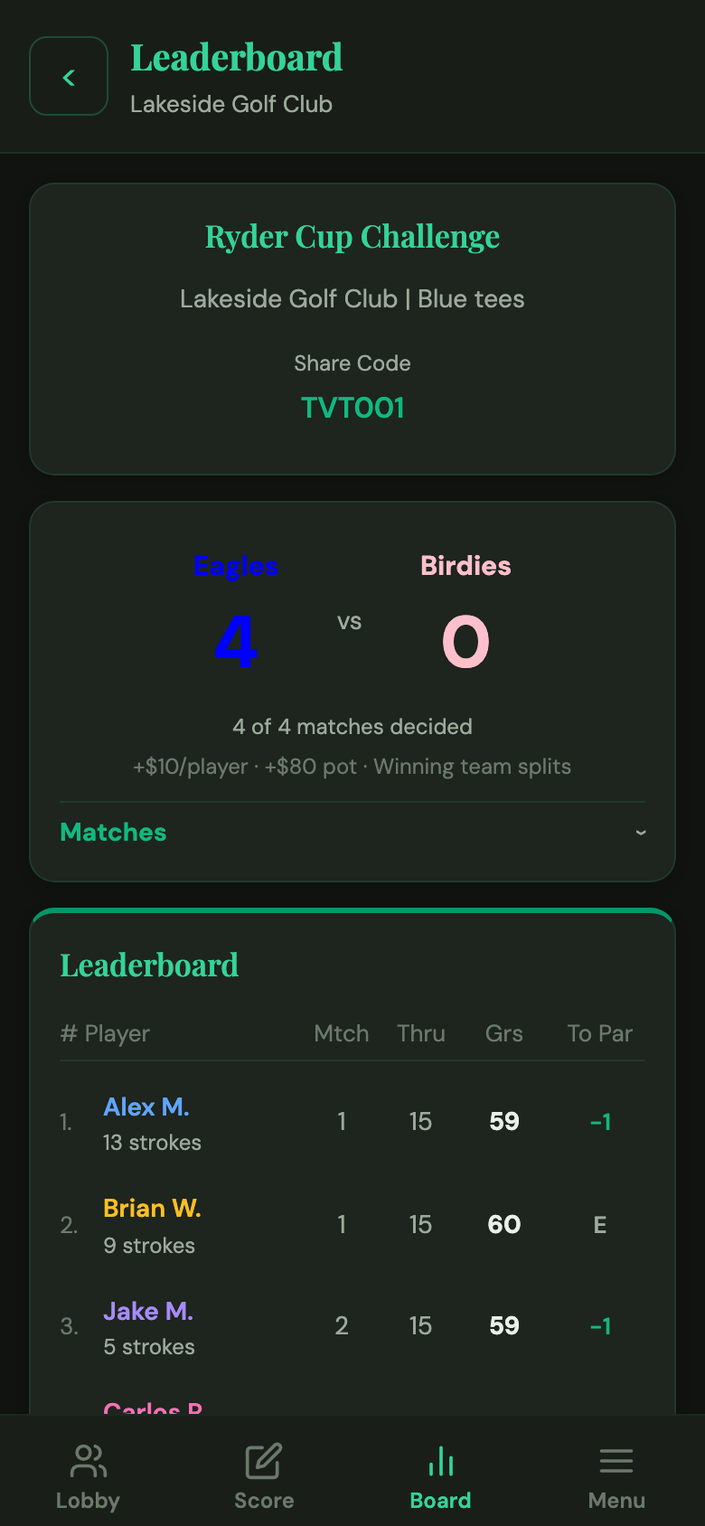 Team standings leaderboard