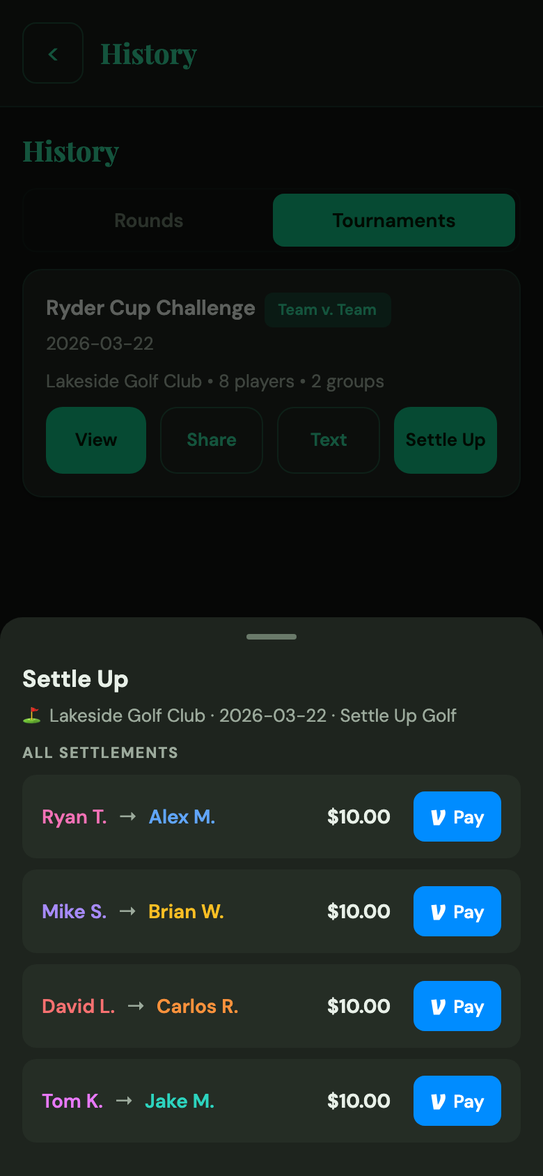 Settle Up sheet with Venmo buttons