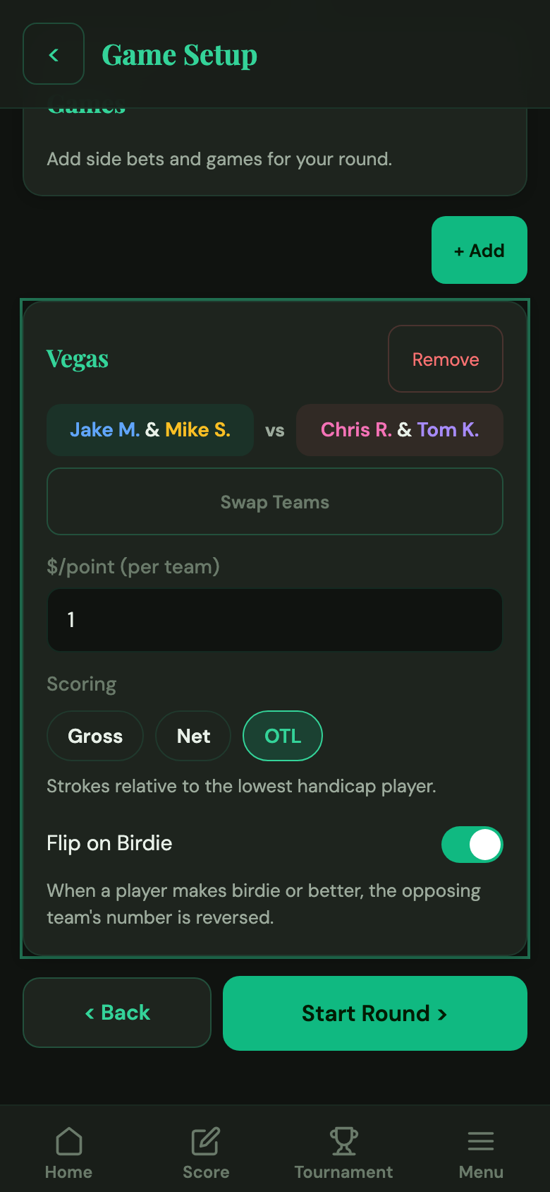 Round setup with Vegas game selected