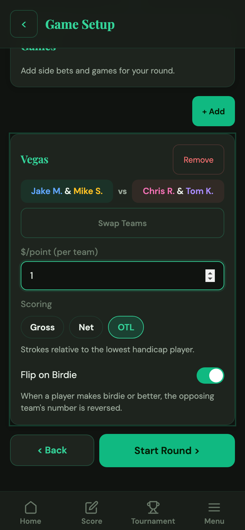 Vegas team pairing and wager configuration