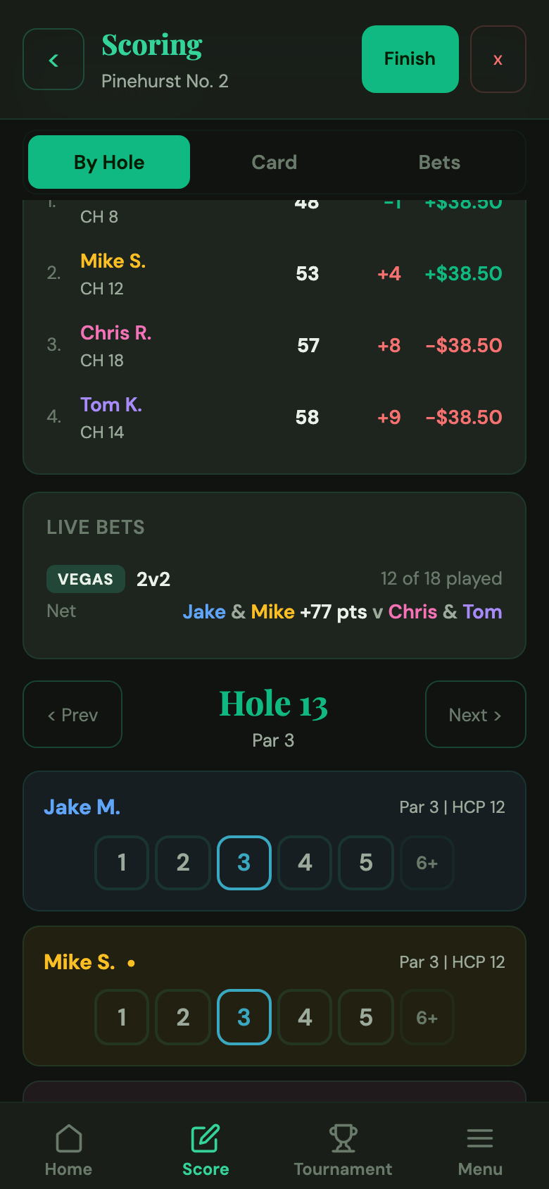 Live scoring Hole View with Vegas active