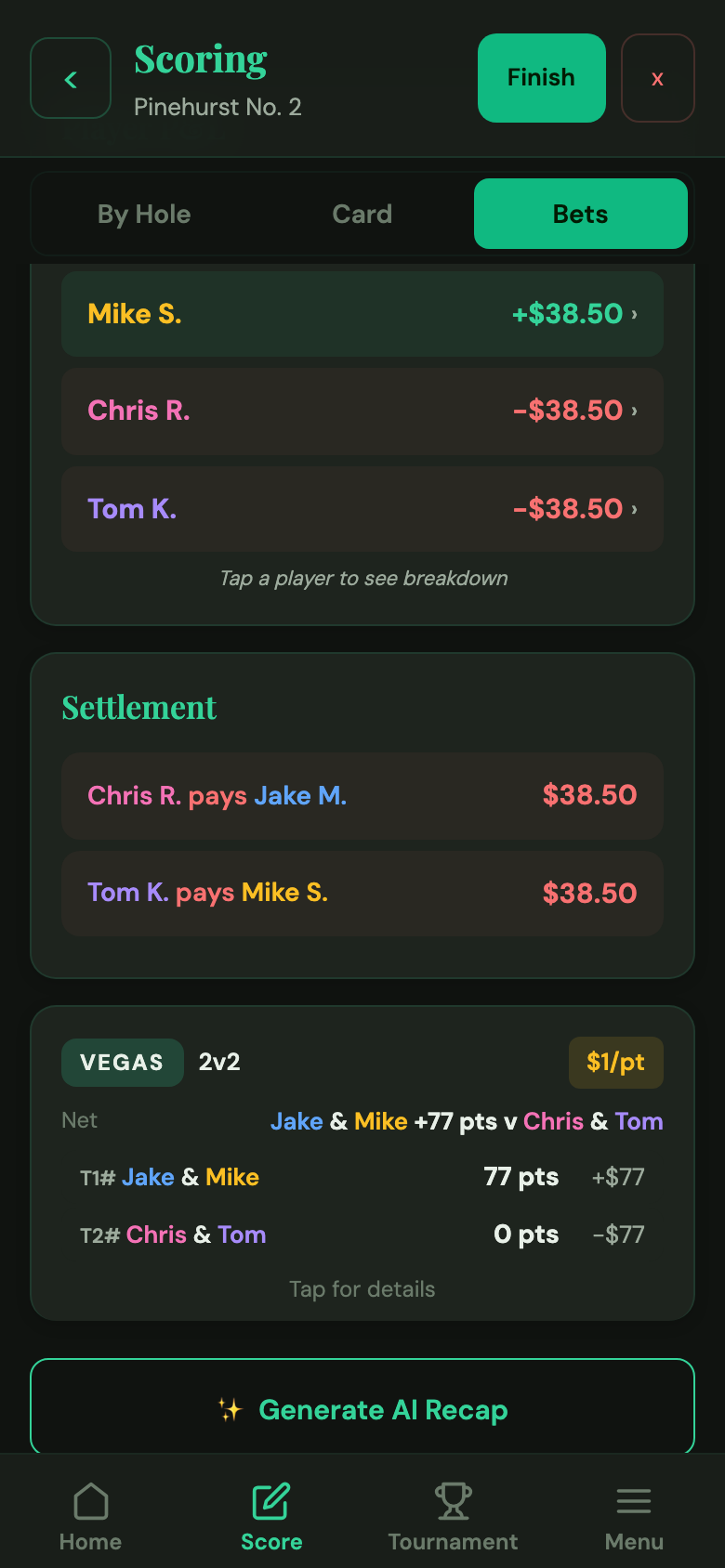 Bets View showing Vegas combined team scores