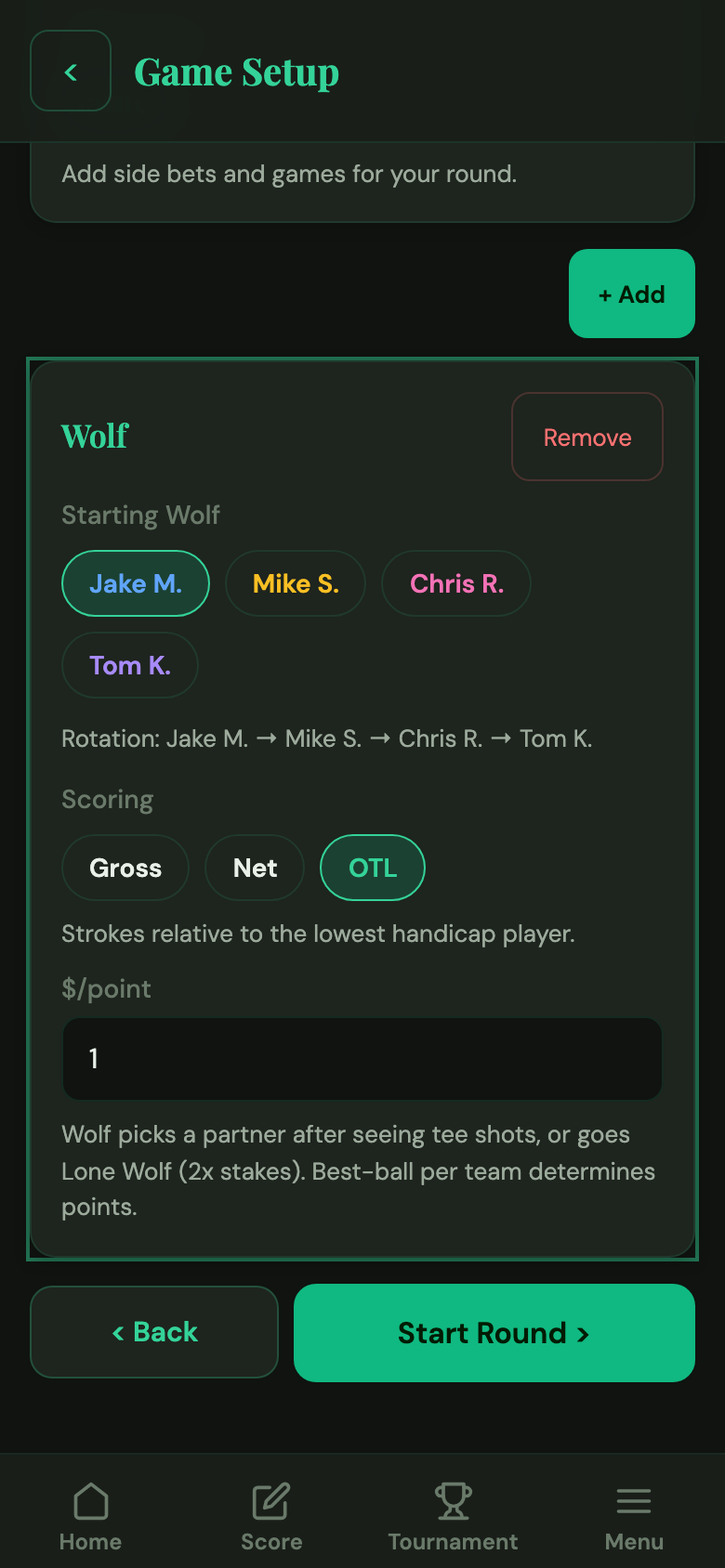 Round setup with Wolf game selected